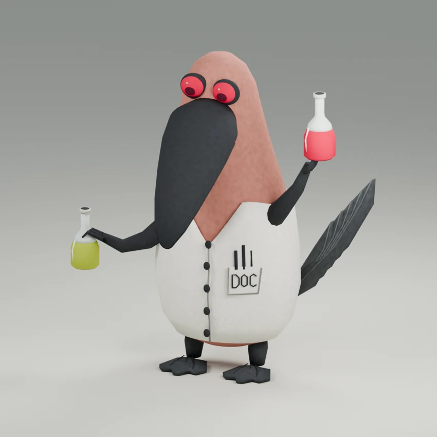 Dr. Emnet Brawn’s actual game model holding two experimental bottles
