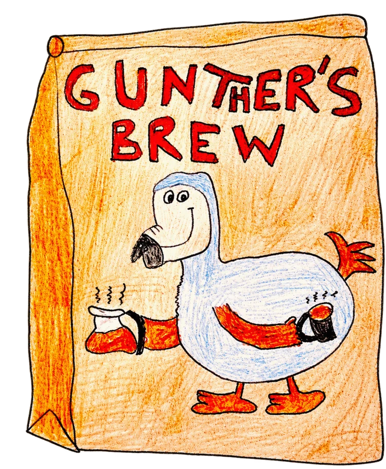 Original Gunther’s Brew coffee bag artwork, featuring Gunther with a coffee pot and mug