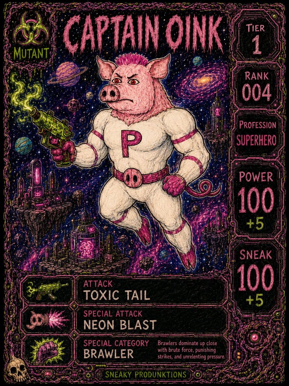 Captain Oink card with a cosmic background and original character stats