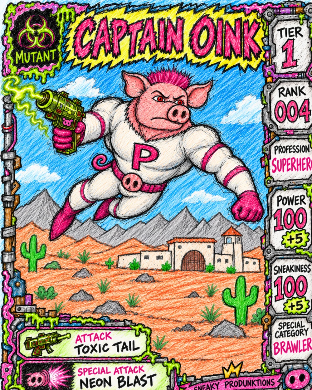 Hand-drawn Captain Oink mutant card in a desert action scene
