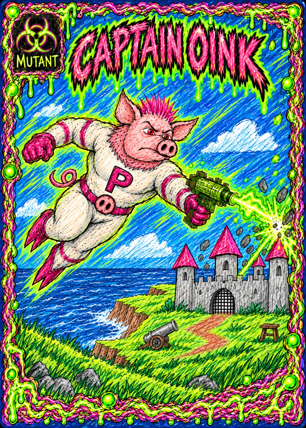 Full-art Captain Oink mutant card, flying toward a castle with his green blaster