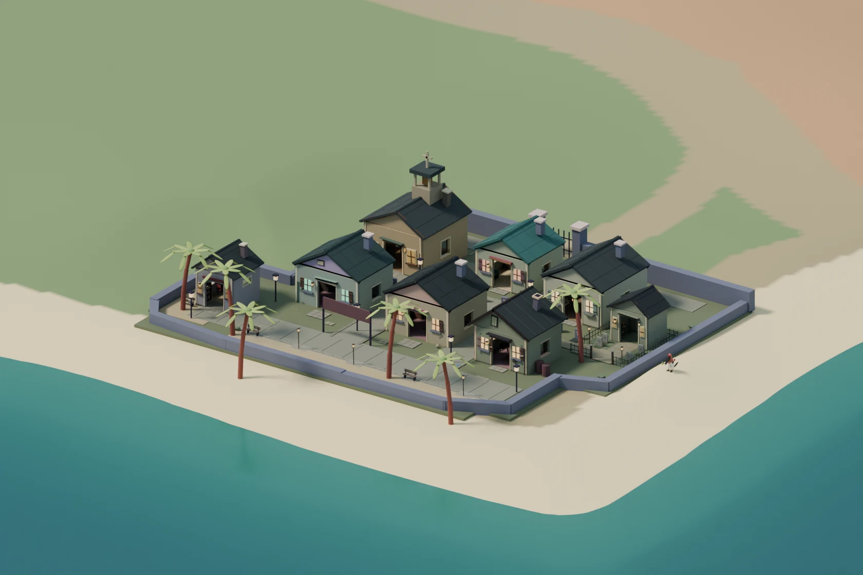 Development render of Ghost Rest: a walled coastal village with palm trees, a chapel, open houses and the Hummania shoreline
