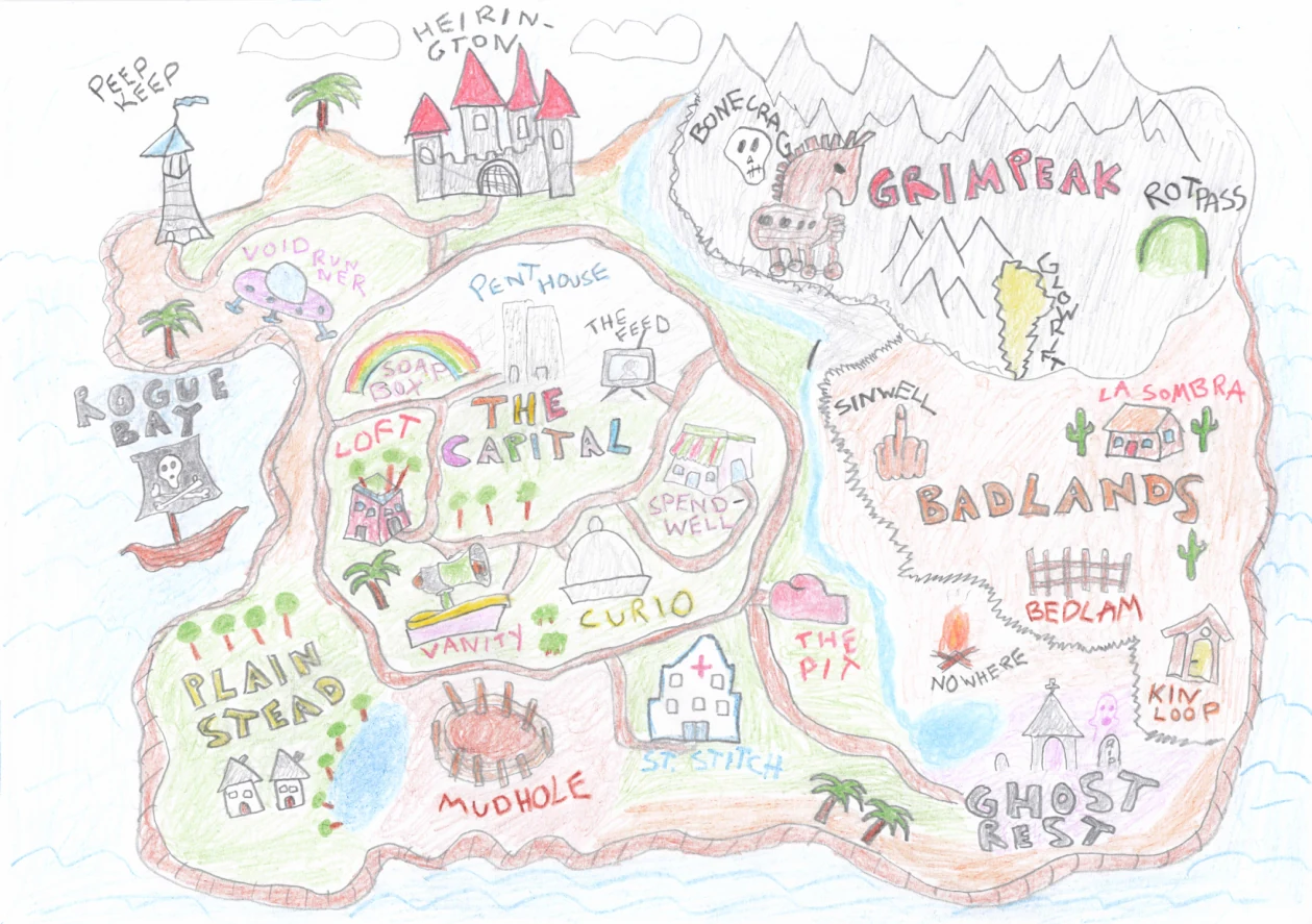 The original hand-drawn Hummania map with Ghost Rest on the southeast coast, The Capital, Grimpeak, Badlands and Rogue Bay