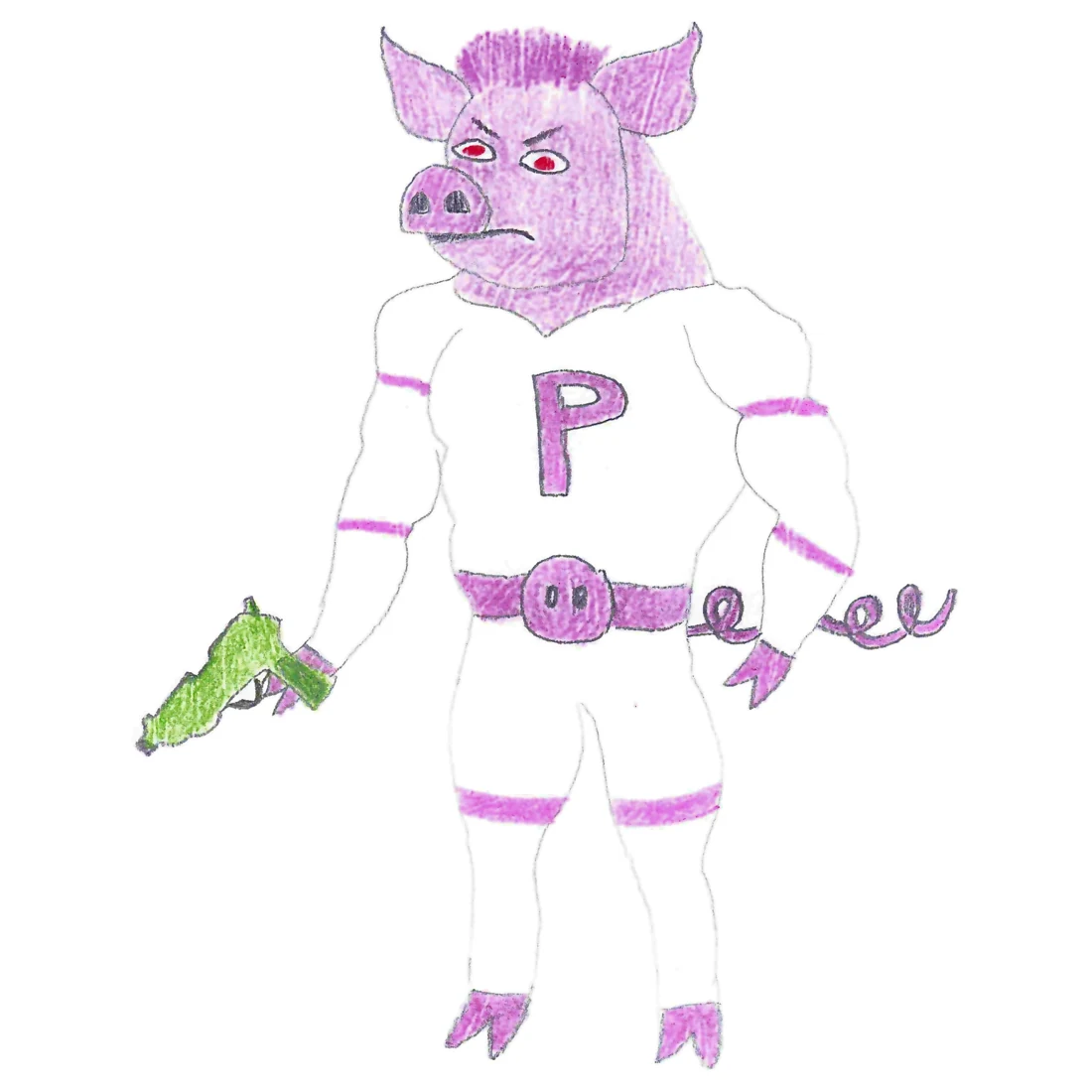 The original hand-drawn Captain Oink: pink mutant pig in a white superhero suit, holding a green blaster